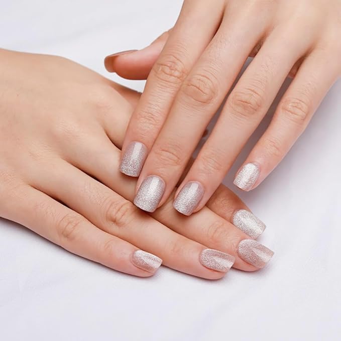 evpct Nude Cat Eye Extra Short Press on Nails Square, Petite Short Square Glue on Nails for Women Gift, Champagne Metallic Glitter Glossy Reusable Stick Gel Press on Acrylic Fake Nail with Designs