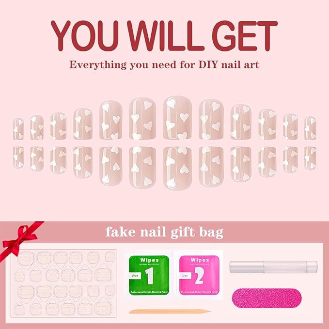 Yivaiks White Acrylic Press on Nails Valentines Day Glue on Nails Short Fake Nails Heart Stick on Nails Full Cover Artificial Nails Press ons Short Nails Kit 24pcs