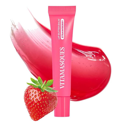 Vitamasques Lip Butter Balm Strawberry, Korean Lip Balm - Peptide Lip Treatment - Lip Balm Hydrating - Light Tinted Lip balm - Made in Korea - 0.33 fl.oz