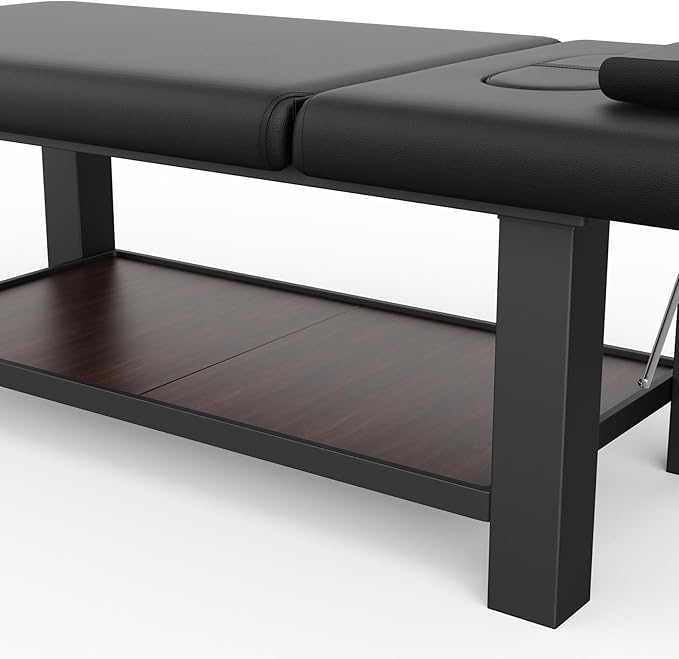 Metal Frame Heavy Duty Stationary Massage Table with Open-Chest & Headrest for Treatment Table, Physical Therapy Table, Spa Facial Professional Massage Bed, Black Leather 31.5'' W x 75.5'' L, 700LBS