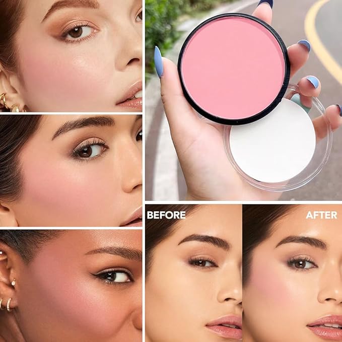 Natural Single Matte for Face Cheeks Blush with Makeup Powder Puff, Nude Pink Monochrome Blush Cream Powder Makeup Palette Blushes Long-lasting Color Blendable Foundation for Women Every Day 05