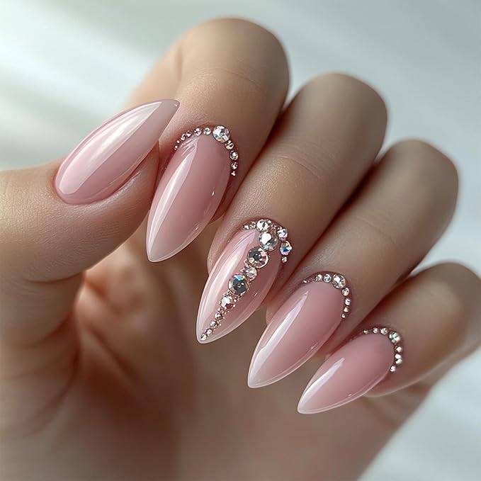IMRAIN Press on Nails Medium Almond Fake Nails Acrylic Nail Supplies Pink Nude Glossy Nail Art Full Cover Glue on Nails Full Cover False Nails with Rhinestone Designs for Women 24Pcs