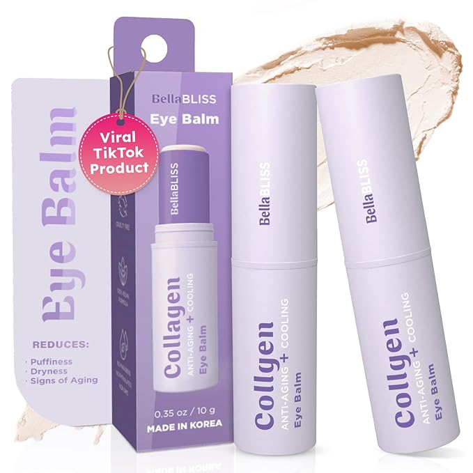 BellaBLISS Collagen Eye Balm Stick for Dark Circles, Puffiness & Wrinkles – Cooling Under Eye Cream with Collagen, Anti-Aging & Hydrating Formula – Made in Korea - 0.35 oz / 10 g - Pack of 2