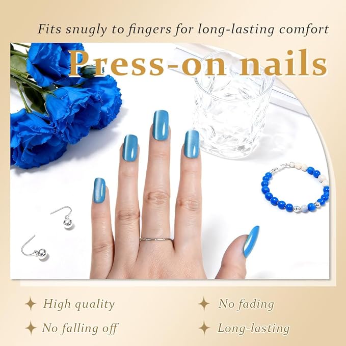 Aqua Blue Cat Eye Press on Nails Medium Square, Medium Square Press Glue on Nails Chrome for Women Gift, Aqua Blue Holographic Glitter Glossy Reusable Gel Acrylic Fake Nail with Designs Cateye Effect