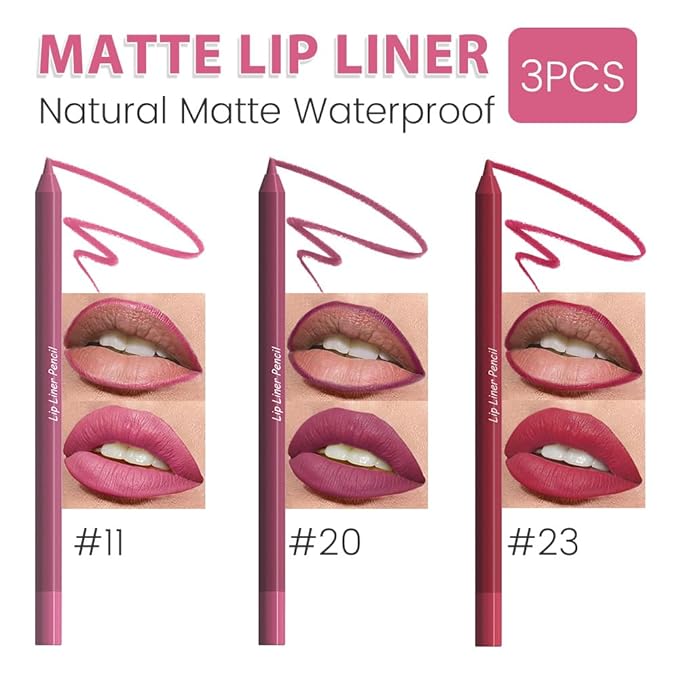 evpct 3Pcs Rose Maroon Plum Red Matte Long Lasting Wear Lip Liner Pencils Makeup Set for Shaping & Sculpting Lips, No Transfer Waterproof Pigmented Lip Liner Crayon lipliners Lipstick Pencil 11+20+23