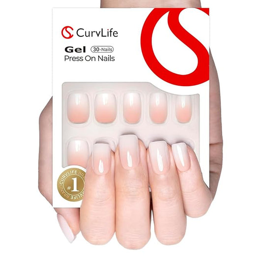 Curvlife Soft Gel Press on Nails, Fake Nails with Plain gradient Design Full Cover False Nails for Women Reusable Nail Kit with Nail Glue Adhesive Tabs