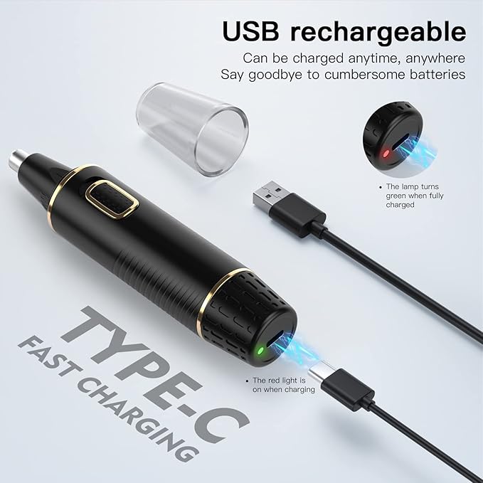Nose Hair Trimmers for Men，Rechargeable Hair Trimmer 2 in 1 Painless Multifunctional Ear and Nose Hair Trimmer with IPX7 Waterproof Dual Edge Blades (Black Gold)