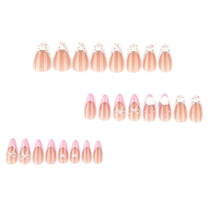 Handmade 3D Flower Pearl French Tips Press On Nails Almond Medium, Floral Bow French Tip Designer Reusable Acrylic Fake Nails With Cute Glue On Nails, Daily Wear Nails For Women Girls