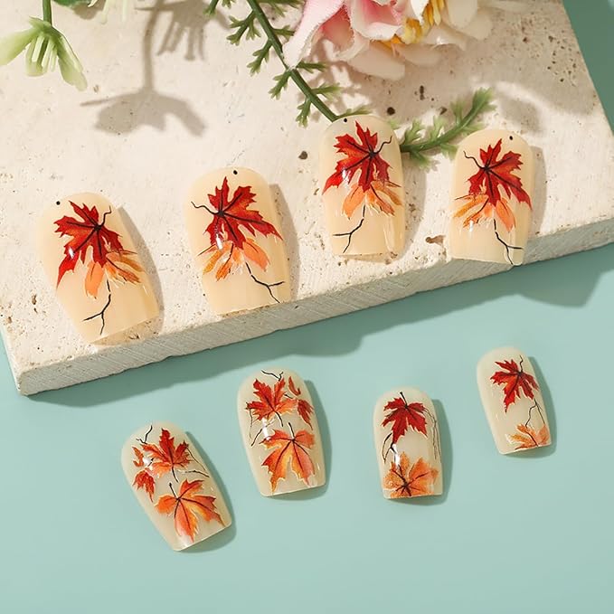 Fall Press on Nails Short Maple Leaf Fake Nails Glossy Full Cover Thanksgiving Glue on Nail Maple Leaves Acrylic Nails Autumn False Nail Square Stick on Nail for Women Holiday Manicure Tips 24Pcs