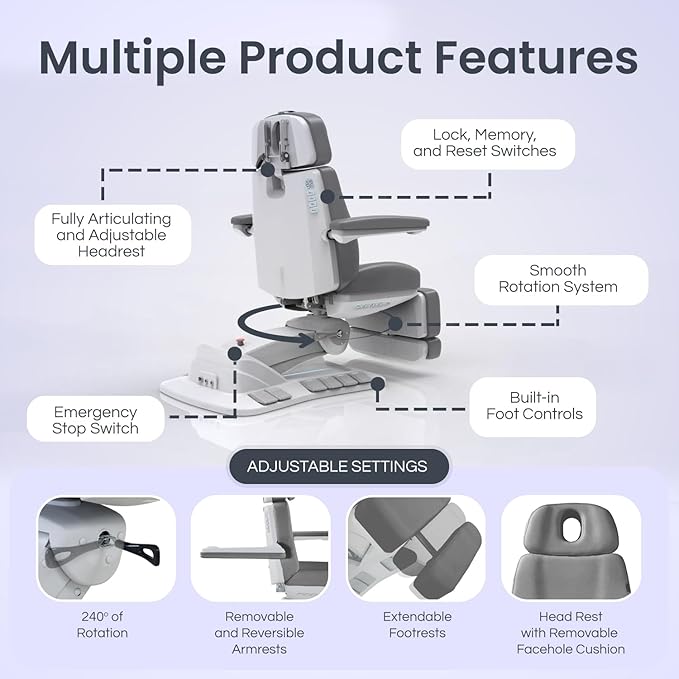 Massage Tools - Professional Spa and Facial Chair with 240° Rotation, LED Lighting, Memory Settings, and Adjustable Headrest - Premium Service Bed and Spa Chair for Salon and Facials - Light Gray