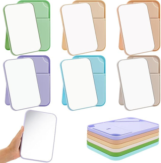 24 Pack Desktop Foldable Makeup Mirror Bulk 8 x 5.3 Inch Vanity Table Mirror with Stand, 90° Adjustable Portable Folding Travel for Spa Party, Women, Cosmetics Personal Beauty, 6 Color