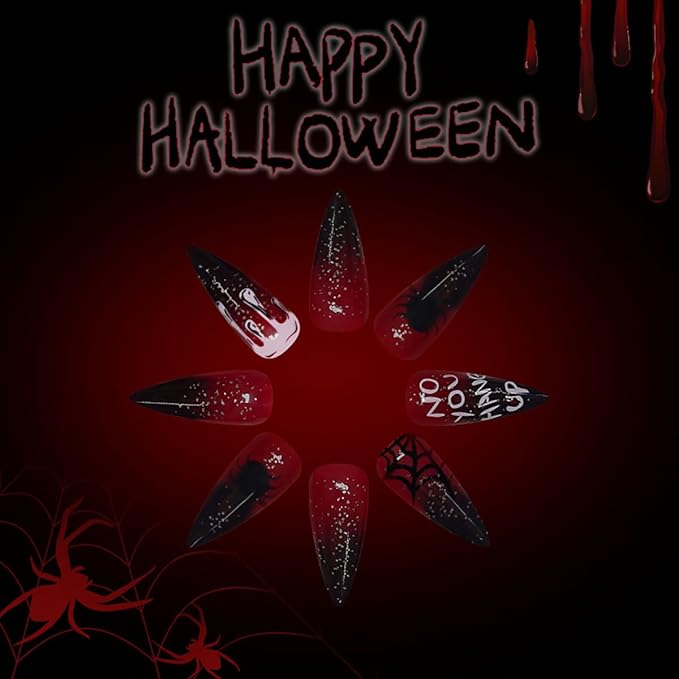 Halloween Press on Nails Long Almond Fake Nails Dark Red False Nails Black Spider Web White Dripping Blood Design Gradient Glue on Nail Glitter Stick on Nail for Women Decor Manicure Supplies