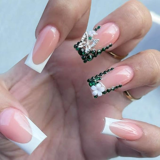 Pink French Fake Nails, Medium Rhinestone Square Bling White Glossy False Nail Tips, Artificial Luxury Finger Manicure for Women and Girls, 24pcs