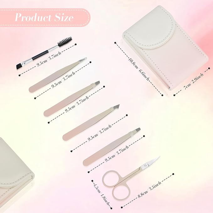 6 PCS Tweezers Set for Women, Eyebrow Tweezers Set with Curved Scissor for Ingrown Hair, Plucking Daily Beauty Tool with Leather Travel Case for Gifts (Gradient Pink)
