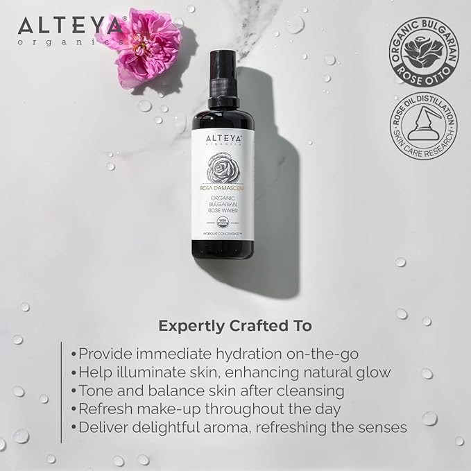 Alteya High-Potency Rose Water USDA Organic Facial Toner, 6000 Roses in a Bottle, 6.8 Fl Oz/200mL Pure Bulgarian Rosa Damascena Flower Water, Award-Winning Moisturizer in Miron Biophotonic Glass