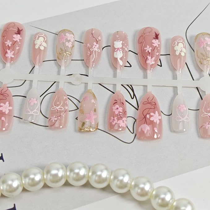30Pcs Pink Press on Nails Medium Almond Fake Nails Gilding Cherry Blossoms Bow Designs Full Cover Spring Summer Nails Cute Cat Stick on Nails Handmade False Nails for Women Girls Acrylic Nails Decor