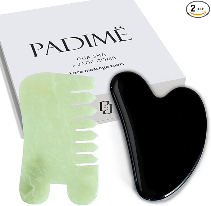 Padime Massage Set, Scalp Comb + Black Obsidian Gua Sha, Jade Comb for Multi-Functional Handheld Head Massage, Relaxation, Stress Relax, Jade Scalp + Gua Sha for Whole Body, Beautiful Packaging