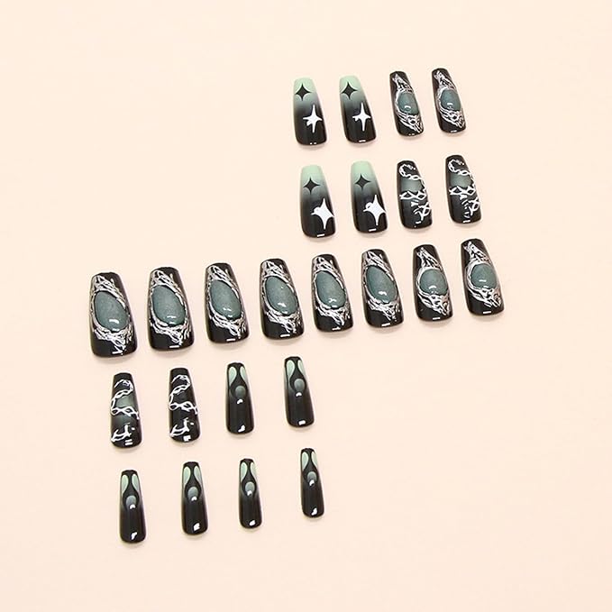 24pcs Dark Press on Nails Medium length Fake Nails Press on with Punk Cool Black Star Crocodile Pattern Dark Gradient False Nails Star Full Cover Glossy Irregular Metal Stick on Nails for Women 24Pcs