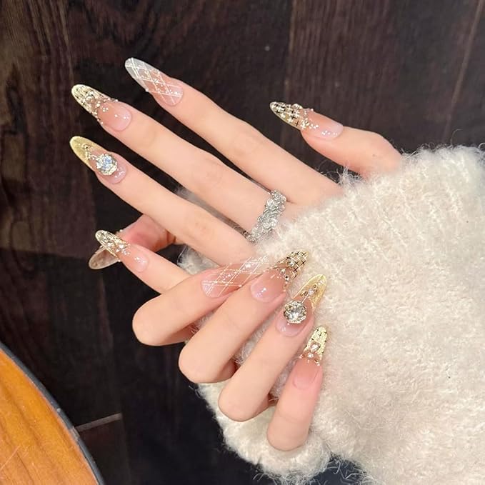 Handmade Press on Nails Long Stiletto Fake Nails French Tip with 3D luxury Rhinestones Designs Gold Glitter Cute Acrylic Nails for Women 10pcs (Size M）