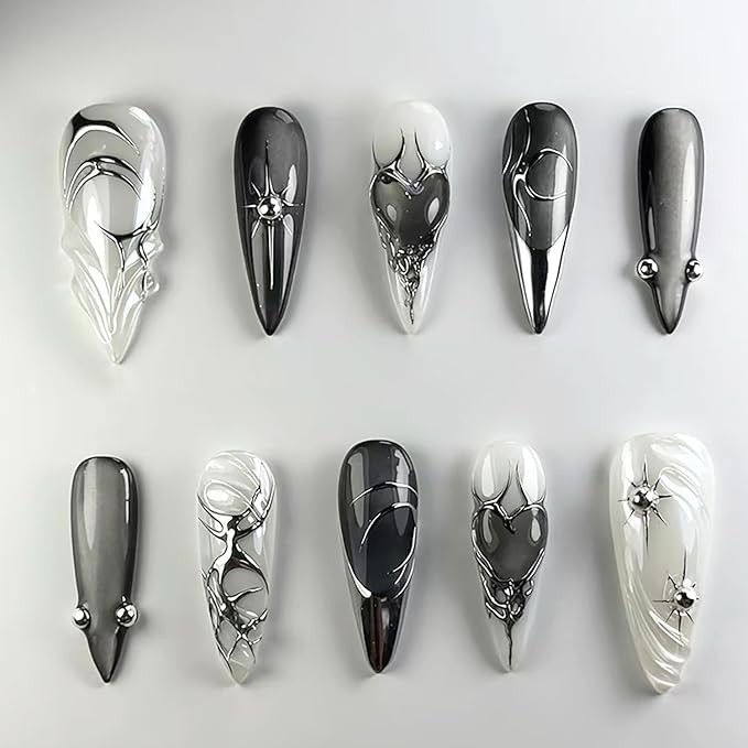 24Pcs Gothic Press on Nails Medium Almond Fake Nails Silver Heart with Rhinestones Design Acrylic Y2k False Nails Black Full Cover Glue on Nails Nude White Stick on Nails for Women Manicure Salon