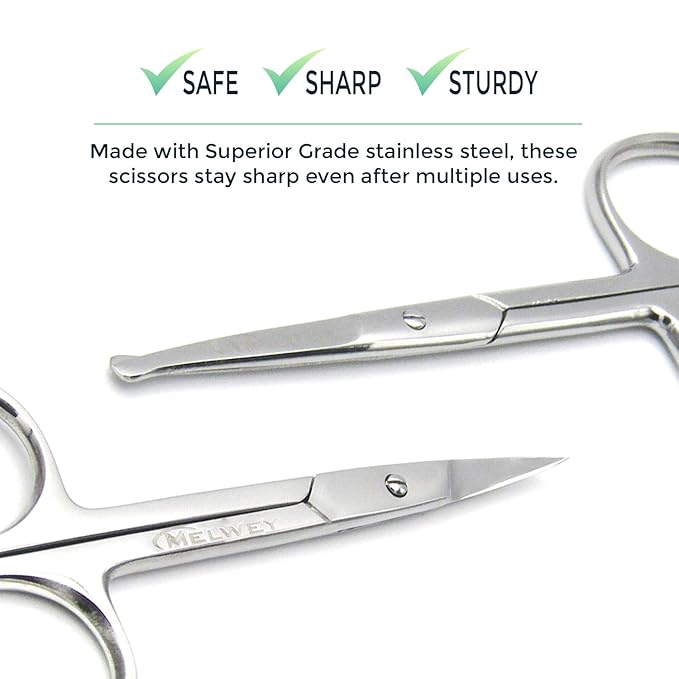 Pack of 2 Curved & Rounded Blunt Tip Stainless Steel Small Scissors for Eyebrows & Eyelashes, Beard Trimming & Moustache, Baby Nails, Nose & Facial Hair