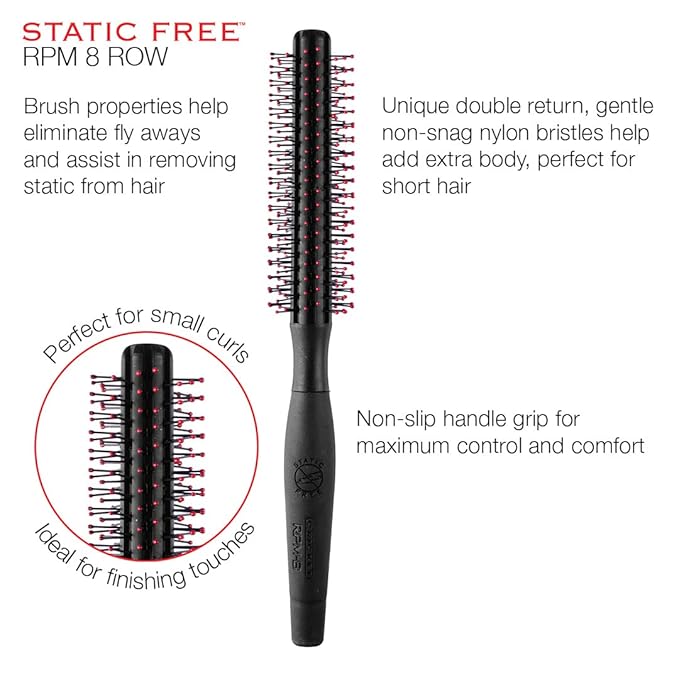 Cricket Static Free RPM 8 Row Round Hair Brush - Curling, Blow Drying, Detangling and Styling Wet or Dry, Suitable for All Hair Types