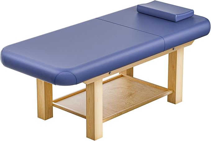 Massage Table 28IN Wide with Hight Adjustable Backrest for Treatment, Blue Leather Professional Spa Bed Load1500 LBS, Spa Table with Storage for Footmassage Facial CareSpa Tattoo