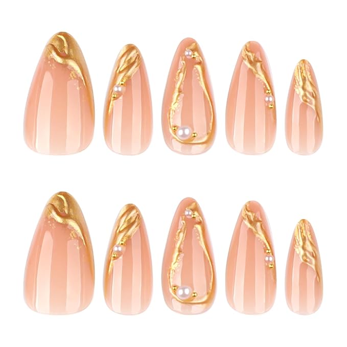 24Pcs Gold French Tip Press on Nails Medium Almond Fake Nails with 3D Gilding Frame Designs Irregular Gold False Nail Full Cover Stick Glue on Nails Beads Pearl Charms Nude Acrylic Nails for Women