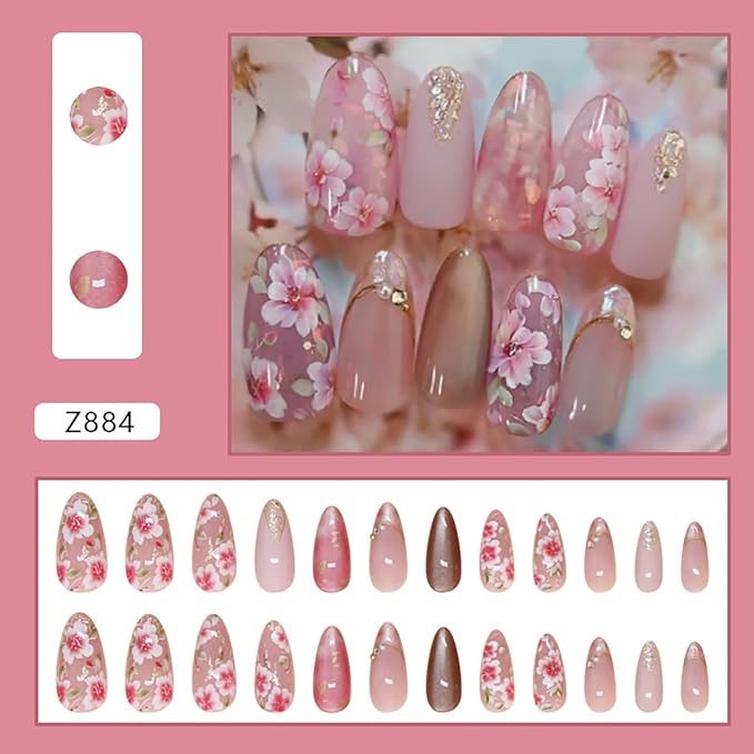 24Pcs Pink Flower Press on Nails Medium Almond Fake Nails 3D Pearl Rhinestones Peach Blossom with Gold Foils Glitter Full Cover Artificial Nail Stick on Nails Spring False Nails for Women Acrylic Nail