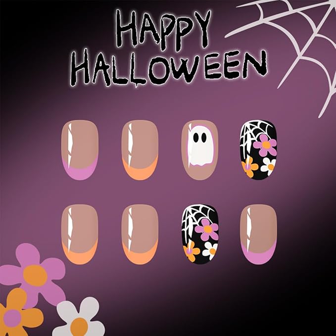 24Pcs Goth Halloween Press on Nails Short Almond Fake Nails with Spider Web Pumpkin Design Cute Ghost False Nails Gothic Bat Stick on Nail Pink Gloss Acrylic Nail for Women Manicure Supplies