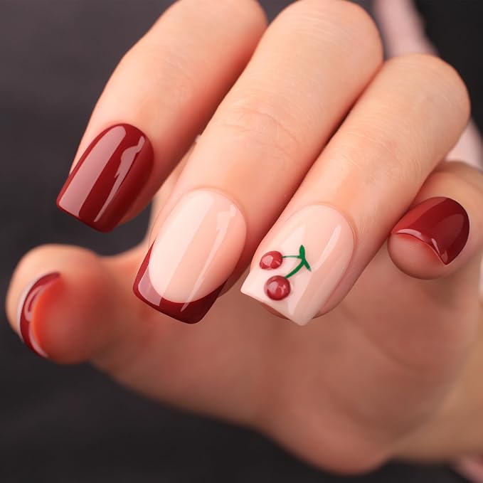 Cherry Press On Nails Short Square Shape – Glossy French Tip Fake Nails with 3D Cherry Design, 30PCS Reusable Acrylic Stick On Nails with Glue Kit, Cute Red & Pink False Nails for Women