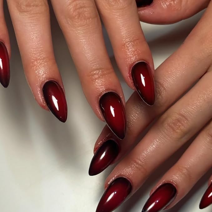 KQueenest Press On Nails Almond - Ombre Red Black Press On Nails Medium Length, French Dark Fake Nails with Nail Glue, Reusable Soft Gel Gradient Black Glue On Nails for Women Christmas, 24 Pcs