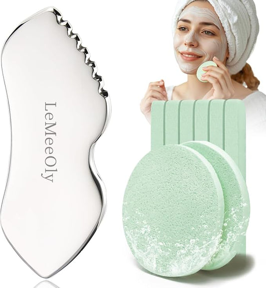 Gua Sha Facial Tools Stainless Steel & Compressed Facial Sponges, Detail Metal GuaSha and Natural Spa Sponges for Facial Cleansing Skin Care，Guasha Stone Face Sculpting Tool for Tighten Skin Daliy Use