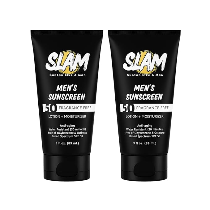 SLAM Men's Sunscreen Lotion SPF 50 & Moisturizer – Face & Body Sunblock, Anti-Aging, Water-Resistant, Hawaii Act 104 Safe, Skincare for Men, Unscented – 3 fl oz.each. Double pack.