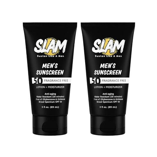 SLAM Men's Sunscreen Lotion SPF 50 & Moisturizer – Face & Body Sunblock, Anti-Aging, Water-Resistant, Hawaii Act 104 Safe, Skincare for Men, Unscented – 3 fl oz.each. Double pack.