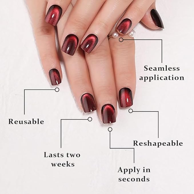 evpct Wine Red Cat Eye Extra Short Press on Nails Square, Petite Short Square Glue on Nails for Women Gift, Black Wine Red Metallic Glitter Glossy Reusable Gel Press on Acrylic Fake Nail with Designs
