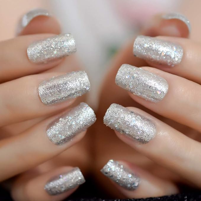 Pretty Full Cover Silver White Bling Glitter Press on False Nails Medium Long Square Salon DIY Manicure Reusable Fake Acrylic Nail Art Tips with Jelly Adhesive Tabs Nail File