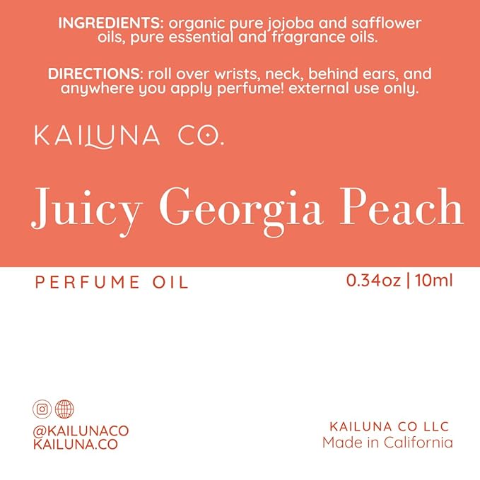 Juicy Georgia Peach Delicious Natural Essential and Fragrance Oil Roll On with Organic Jojoba Oil, Small Batch, Made in California