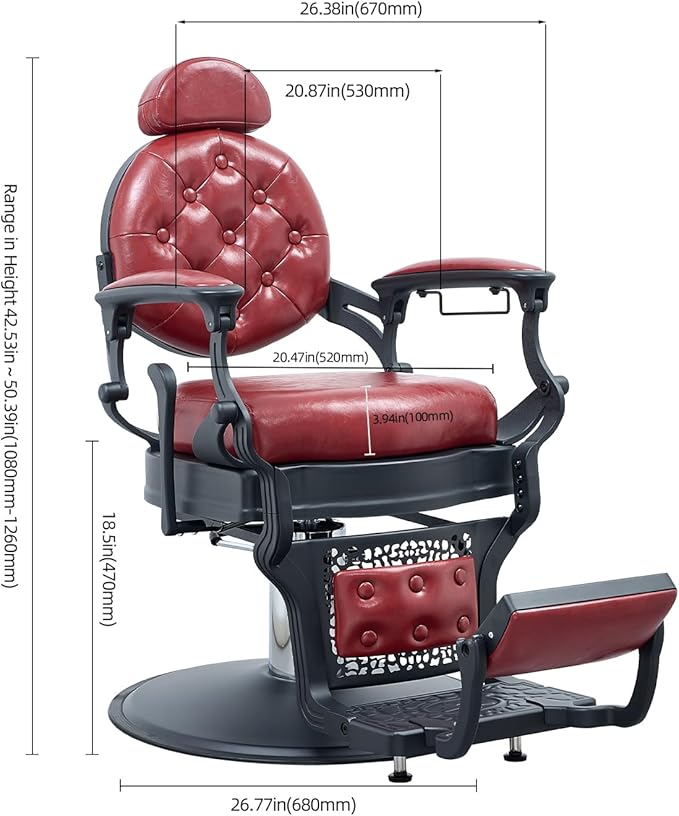 FRNIMAC Heavy Duty Barber Chair, All Purpose Vintage Style Mens Barber Chair Hydraulic Recline Salon Chair Barbershop Equipment for Beauty Spa Tatoo Massage, Weight Capacity 700lbs (Red-Black)