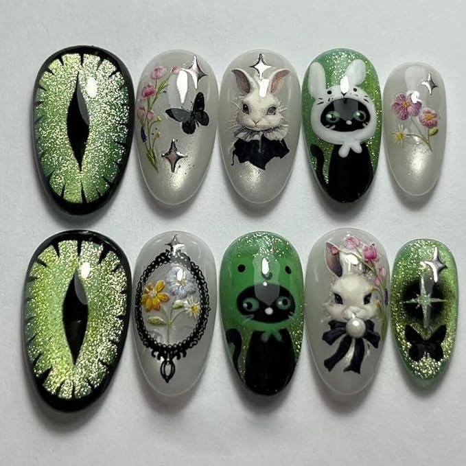 Medium Almond Press on Nails Cat eye Fake Nails Green Silver Glitter Artistic Nail Floral Butterfly Stick on Nail for Women 24pcs