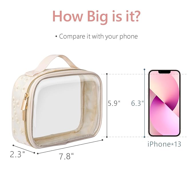 PACKISM Floral Texture TSA Approved Toiletry Bag - 180° Large Opening Clear Makeup Bags with Handle, Easily Access, Quart Size Travel Bag TSA Approved, Thick Non-deformable No Smell, Beige