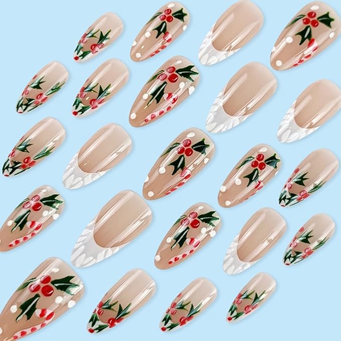 24Pcs Christmas Press on Nails Medium Almond Fake Nails with Xmas Holly Candy Designs 3D Embossed French Tip False Nail Full Cover Acrylic Nails Cute Snowflake Christmas Stick on Nail for Women