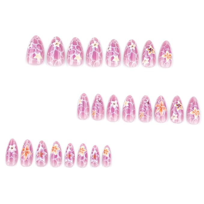 24Pcs Flower Press on Nails Medium Almond Fake Nails Marble Pattern Cute Floral Nail Art False Nails Short Almond-shaped Full Cover Reusable Artificial Nails Handmade False Nails for Women
