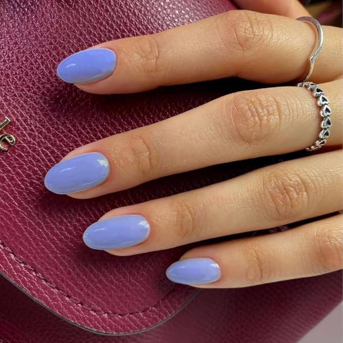 Blue Press on Nails Short Oval Fake Nails Press ons, Thick Solid Color Glue on Nails Short False Nails, Short Almond Nails Oval Round Shaped Nails for Women, 24Pcs Natural Acrylic Gel Nails