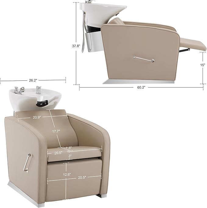 BarberPub Backwash Shampoo Station Chair, Adjustable Porcelain Ceramic Hair Wash Bowl Sink Unit Station, Reclining Shampoo Station Chair for Spa Beauty Salon Hair Salon Equipment 9303 (Beige)
