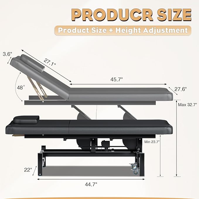 Electric Adjustable Backrest Massage Table for Esthetician, Heavy Duty Professional Electric Lift Massage Bed for Spa Treatment, Salon, Physical Therapy, Facial, Tattoo, Reiki, and Beauty, Black