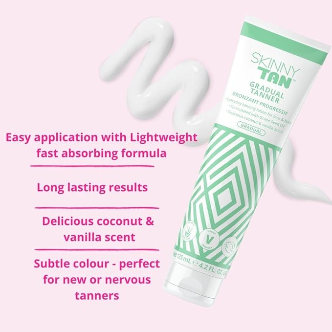 Skinny Tan Gradual Tanner - Lightweight, Fast-Absorbing Formula - Delicious Coconut and Vanilla Scent - Enriched with Aloe Vera and Guarana - Nourishes and Hydrates Skin - 4.2 oz Bronzer
