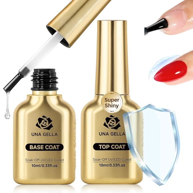 UNA GELLA No Wipe 2PCS Gel Top Coat Base Coat Set, Highly Glossy Top Coat Gel Nail Polish Strengthen and Acid-Free Clear Nail Base Soak Off, Key to Manicure for Her (U V Cure Need)