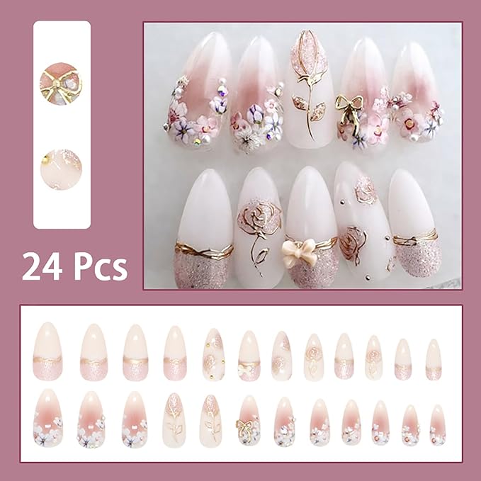 24Pcs Flower Press on Nails Medium Almond Fake Nails with Bow Rhinestones Designs Pink Acrylic Nails Glitter Glue on Nails Cute Floral False Nails Rose Flowers Stick on Nails for Women Nail Supplies