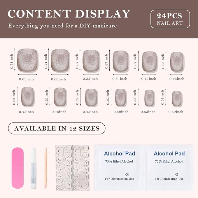 evpct Nude Cat Eye Extra Short Press on Nails Square, Petite Short Square Glue on Nails for Women Gift, Champagne Metallic Glitter Glossy Reusable Stick Gel Press on Acrylic Fake Nail with Designs